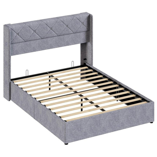 Gray Metal And Linen Blend Upholstered Full Bed Frame