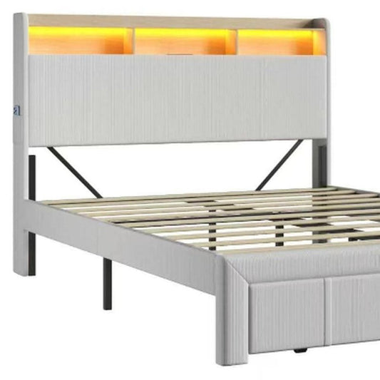 Beige Metal And Corduroy Lighted Upholstered Queen Bed Frame With USB And Drawer