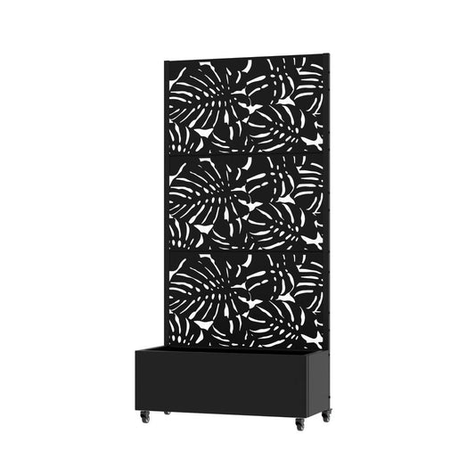 72" Black Tropical Botanical Steel Three Panel Outdoor Privacy Screen
