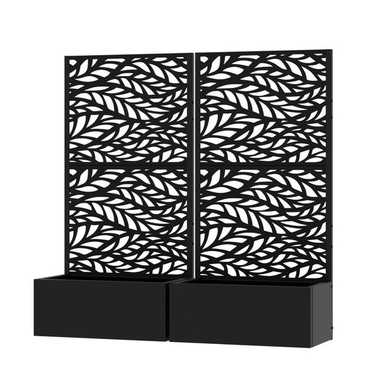 Set Of Two Black Botanical Leaves Steel Four Panel Outdoor Privacy Screen