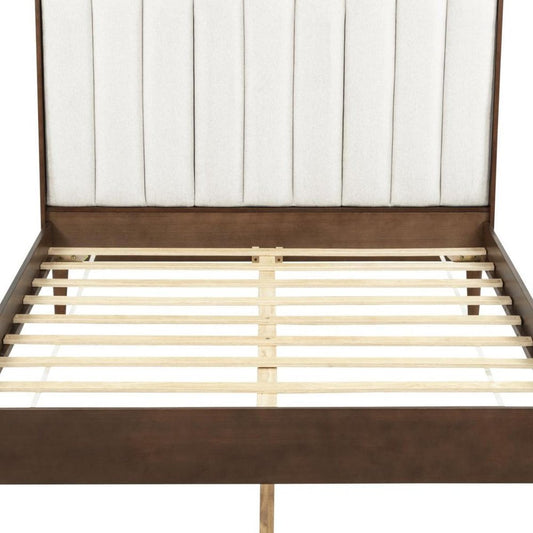 Walnut And Beige Solid Wood And Tufted Linen Blend Upholstered Queen Bed Frame