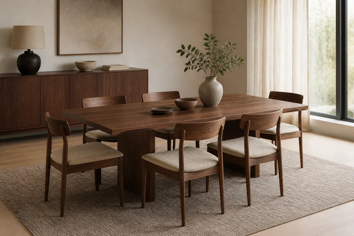 Warm modern walnut dining room with six upholstered chairs