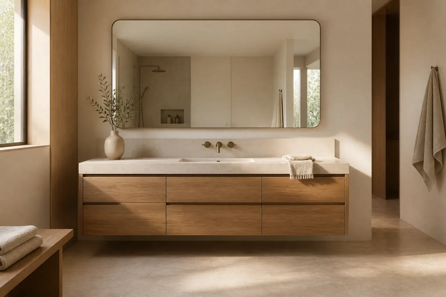 Warm modern bathroom with oak floating vanity, stone counter and large mirror