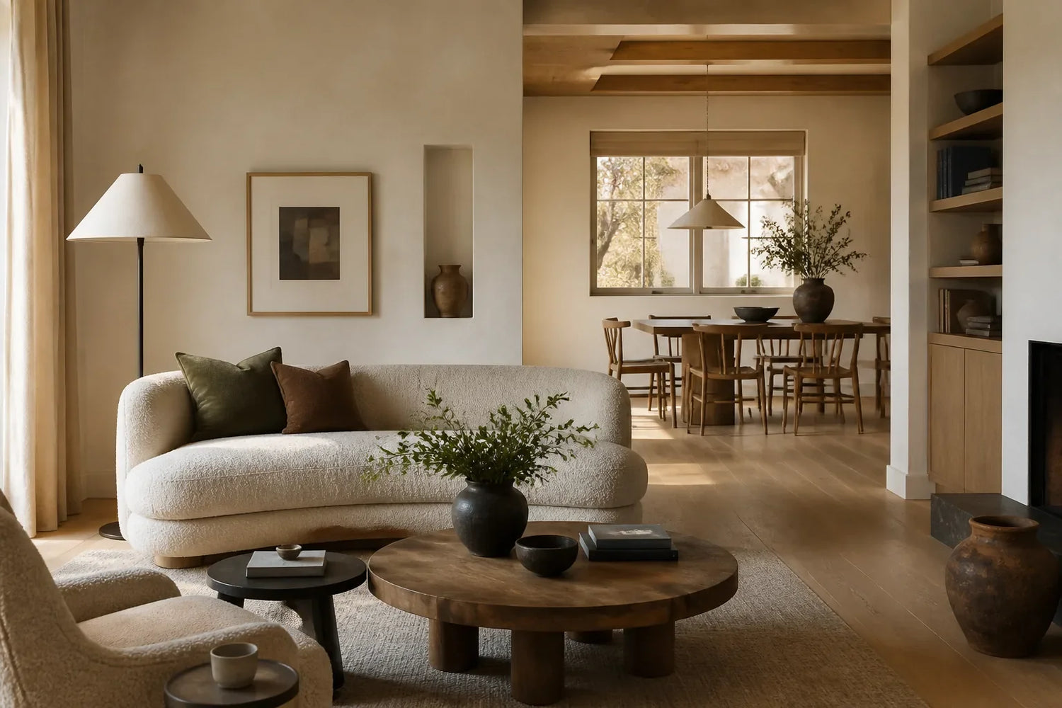 Warm modern living room with ivory sofa, walnut furniture and soft natural light