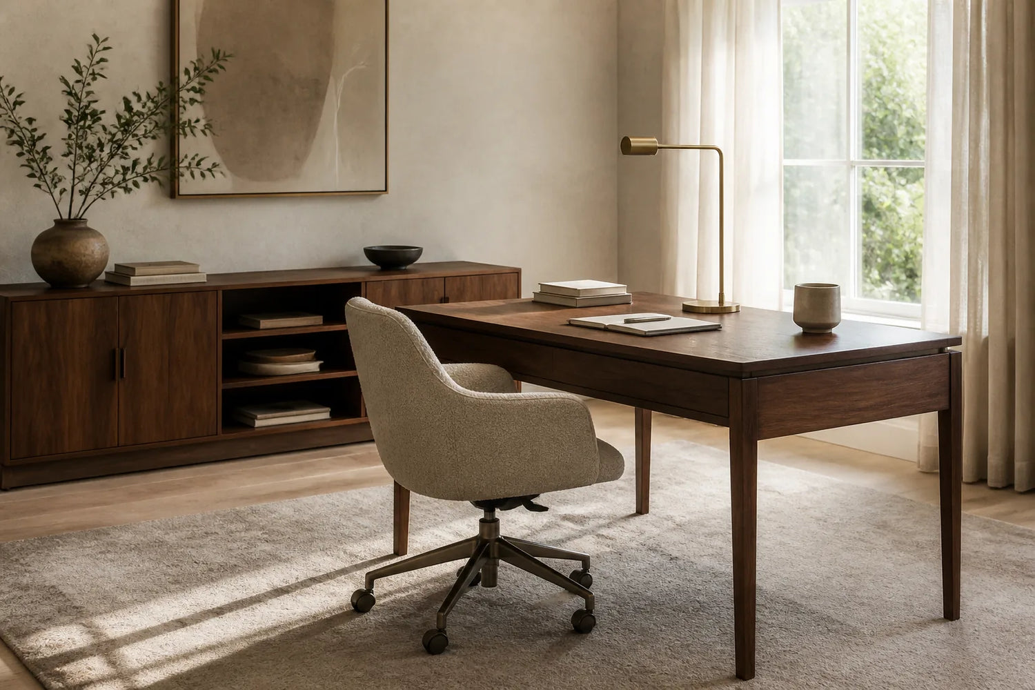 Warm modern home office with walnut desk, upholstered chair and storage