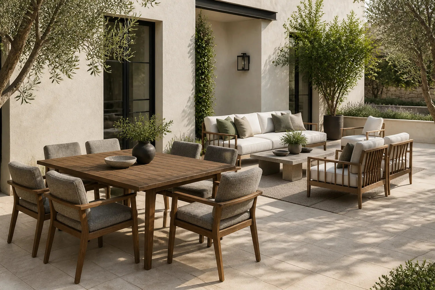 Warm modern outdoor dining and lounge furniture on a natural stone patio