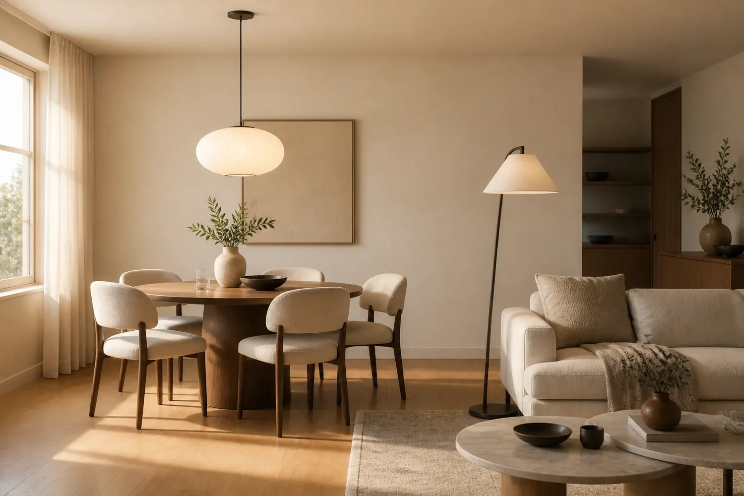 Warm modern living and dining space with pendant and floor lamp