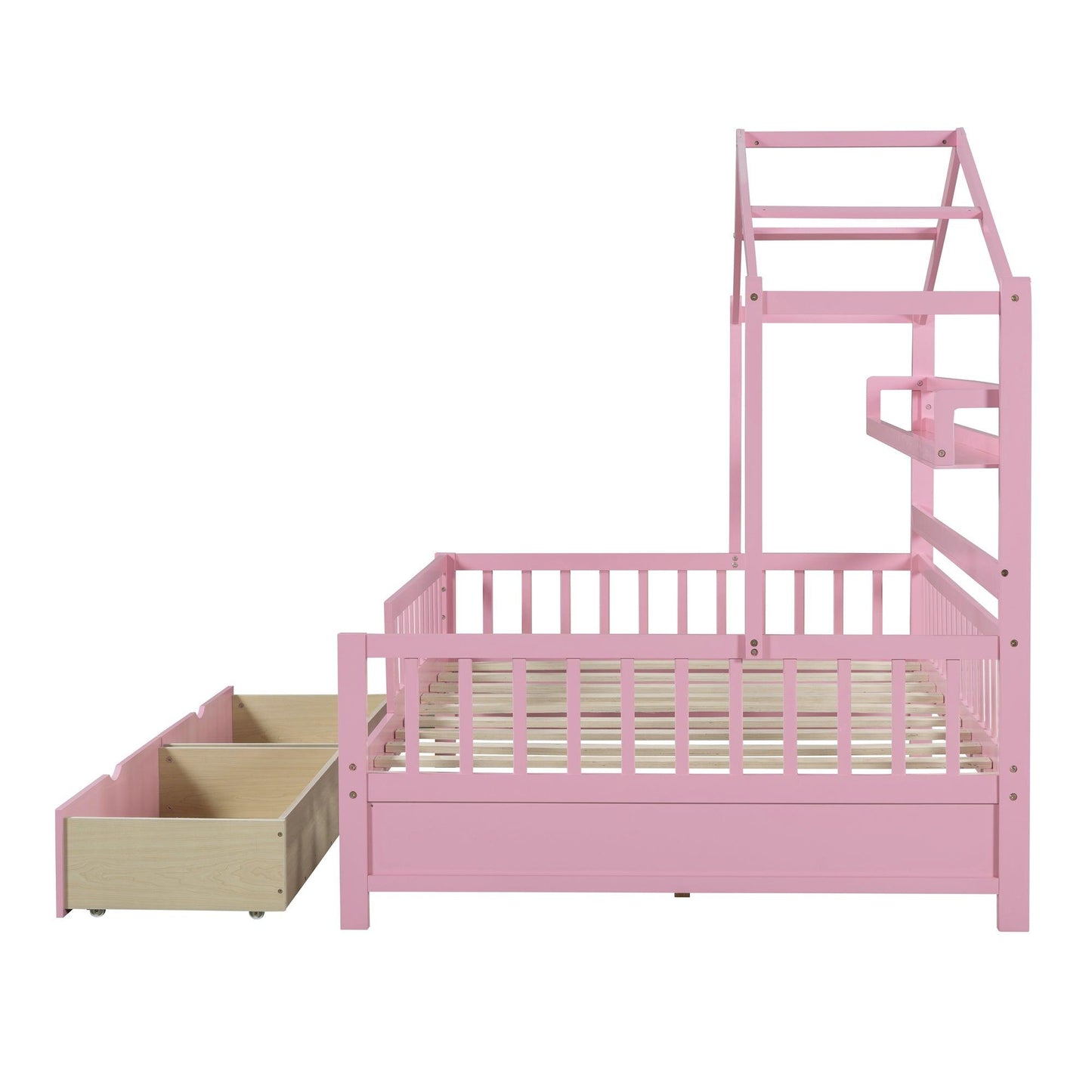 Wooden Full Size House Bed with 2 Drawers Kids Bed with Storage Shelf Pink - FurniFindUSA