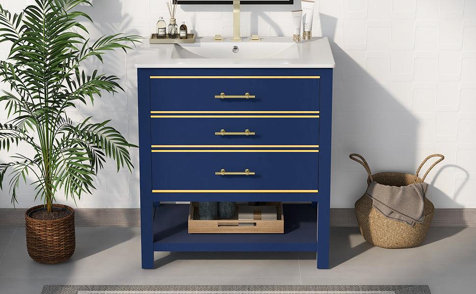 [Viedo]Modern 30inch Navy Blue/White Bathroom Vanity Cabinet Combo with Open Storge, Two Drawers - FurniFindUSA