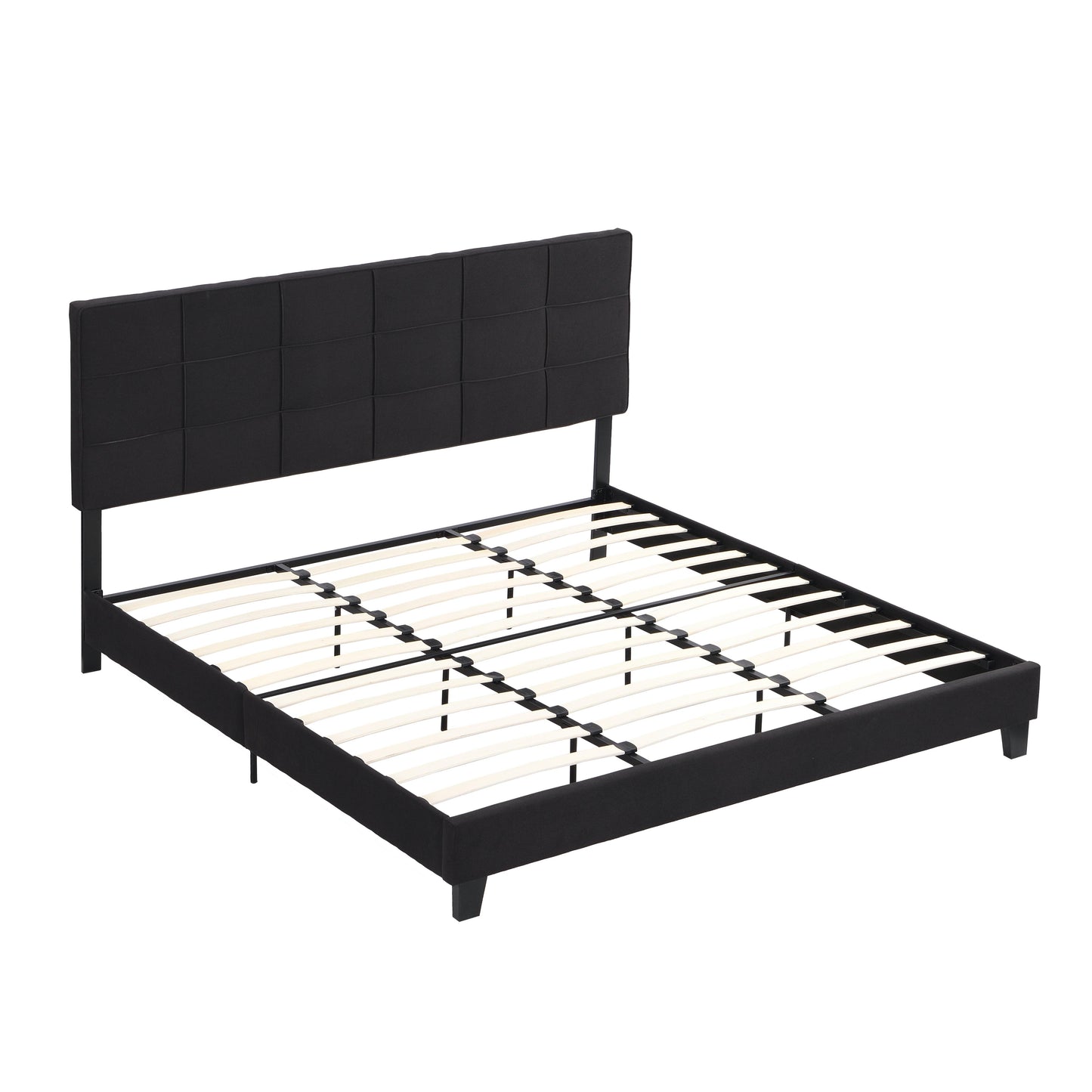 King Size Upholstered Platform Bed Frame with Linen Fabric Headboard BLACK - FurniFindUSA