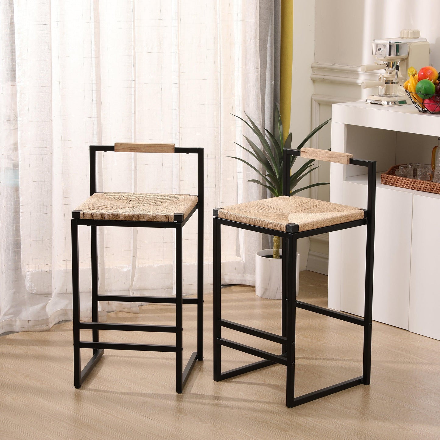 Set of 2 Bar Stools with Back Paper Rope Woven Counter Height Dining Chairs for Kitchen Home (Paper Rope with Back) - FurniFindUSA