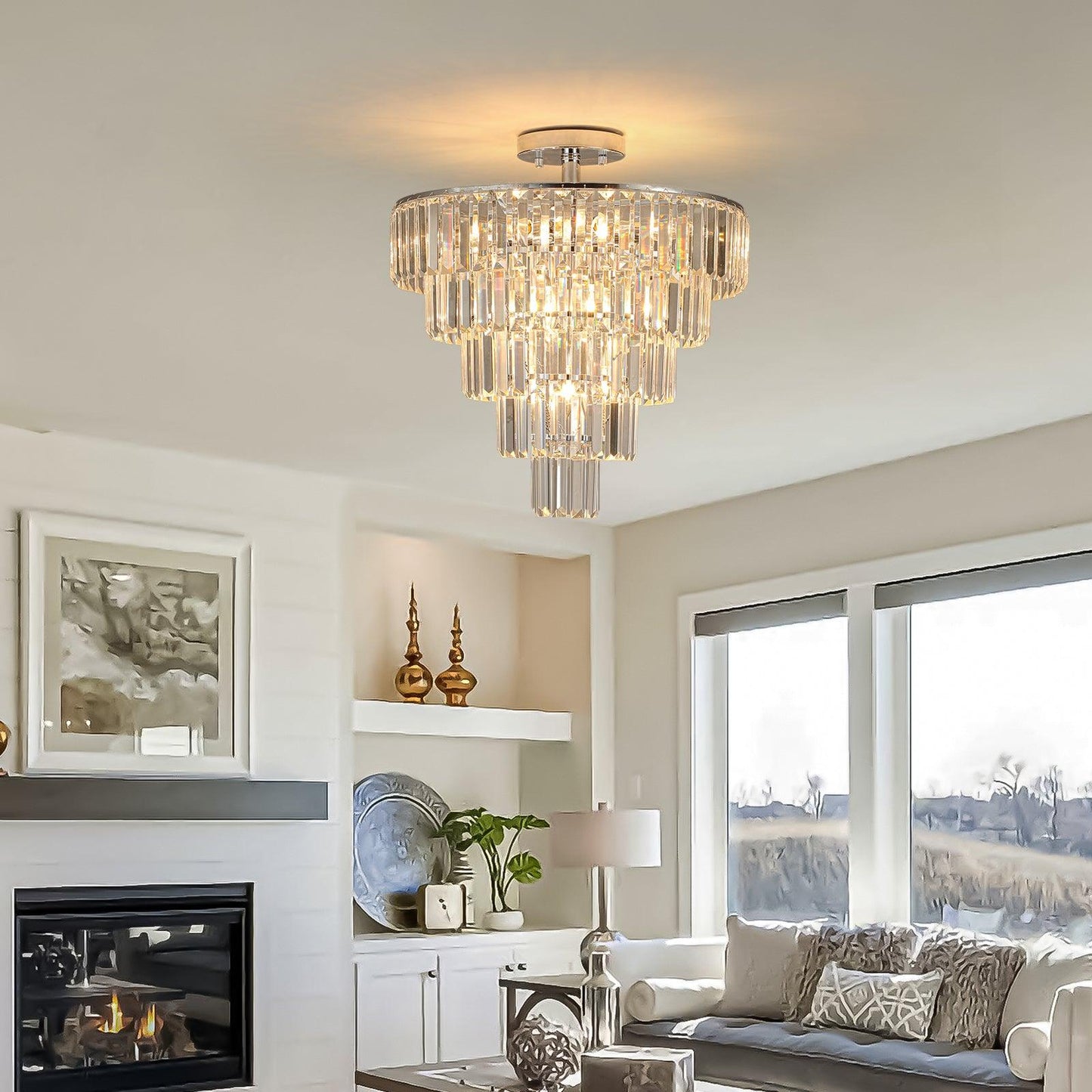 Large crystal chandelier in white chrome color, modern style chandelier, dining room, living room, bedroom - FurniFindUSA