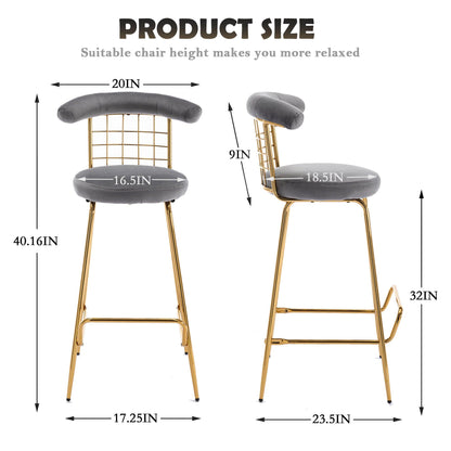 Bar Stool Set of 2 Luxury Velvet High Bar Stool with Metal Legs and Soft Back Grey - FurniFindUSA