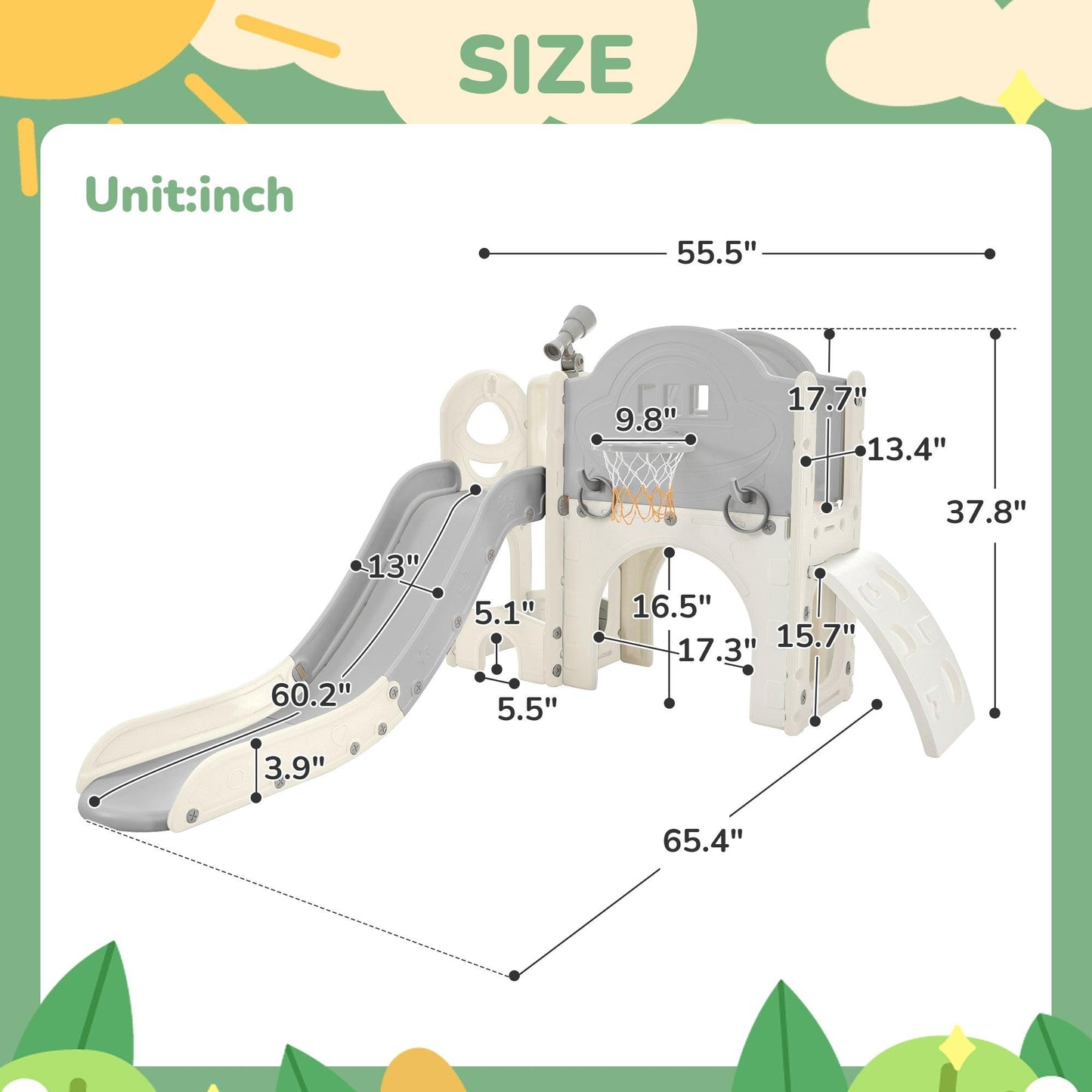 Kids Slide Playset Structure 7 in 1, Freestanding Spaceship Set with Slide, Arch Tunnel Grey+White + HDPE - FurniFindUSA