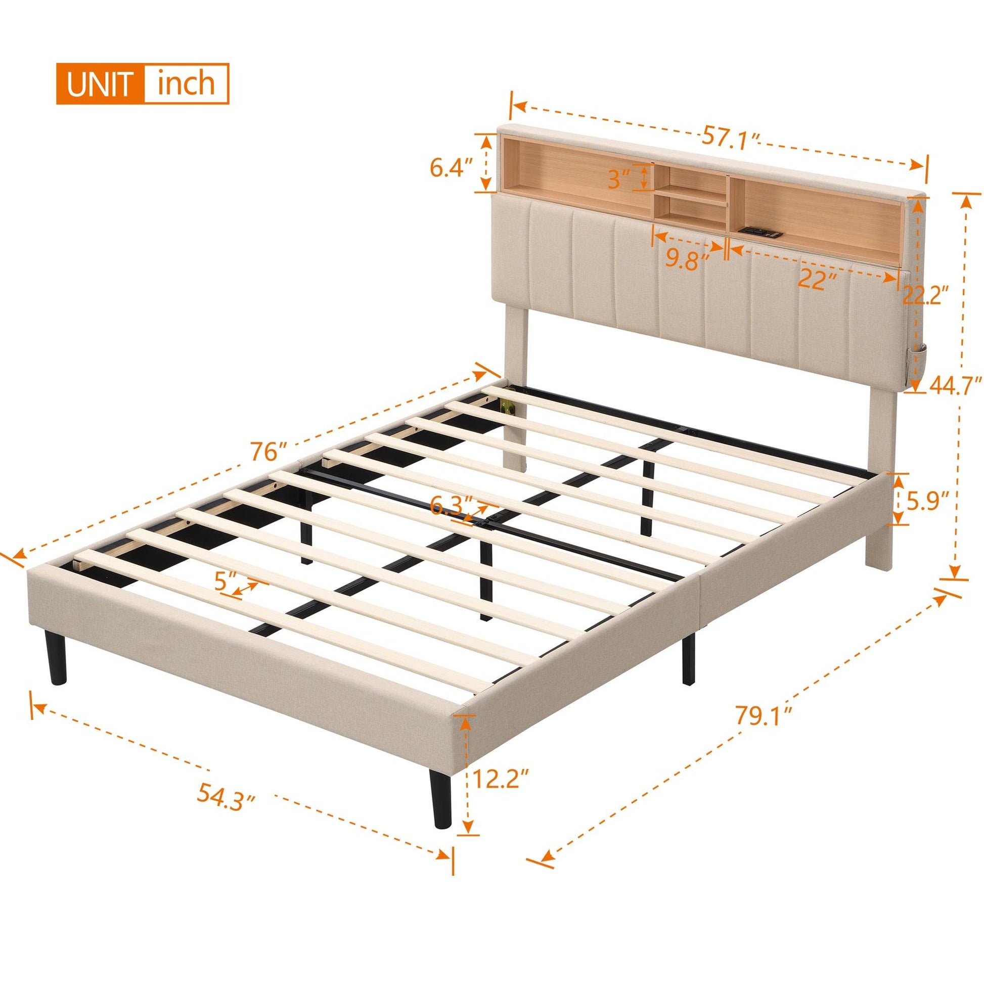 Full size Upholstered Platform Bed with Storage Headboard and USB Port Linen Fabric Upholstered Bed (Beige) - FurniFindUSA