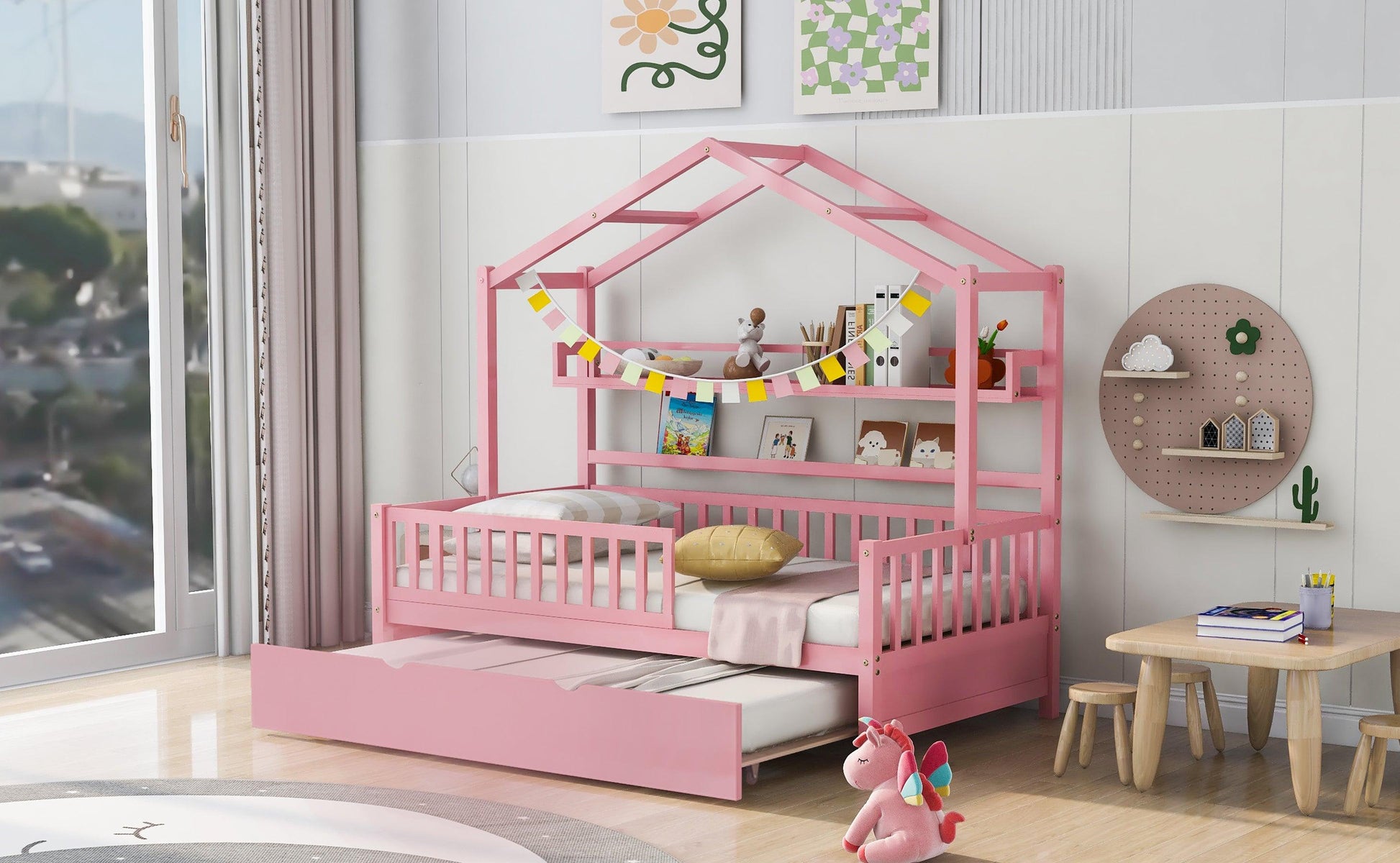 Wooden Twin Size House Bed with Trundle Kids Bed with Shelf Pink - FurniFindUSA