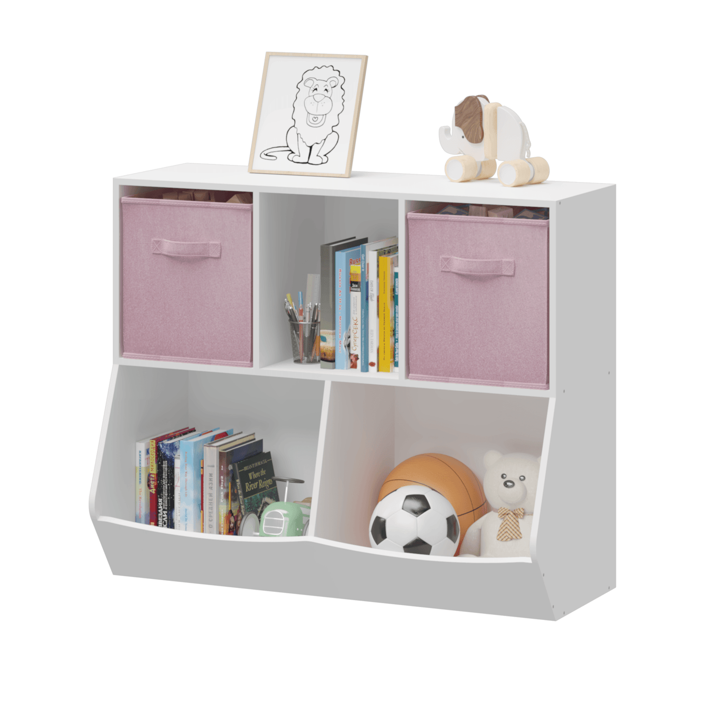 Kids Bookcase with Collapsible Fabric Drawers Children's Toy Storage Cabinet for Playroom White/Pink - FurniFindUSA