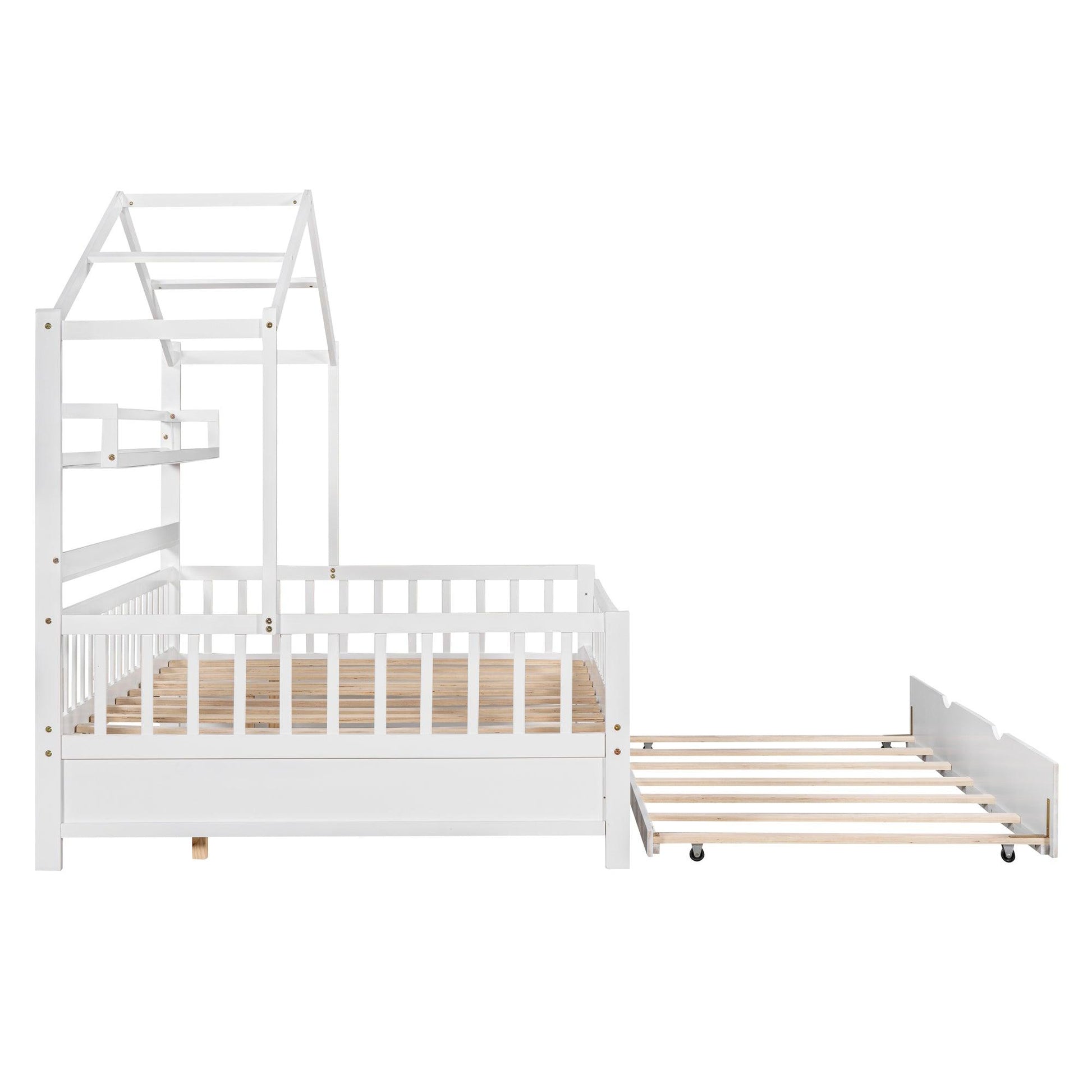 Wooden Full Size House Bed with Twin Size Trundle Kids Bed with Shelf White - FurniFindUSA