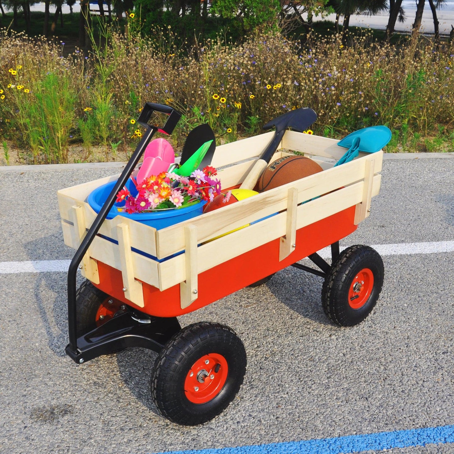 Outdoor Wagon All Terrain Pulling w/Wood Railing Air Tires Children Kid Garden（Red） - FurniFindUSA