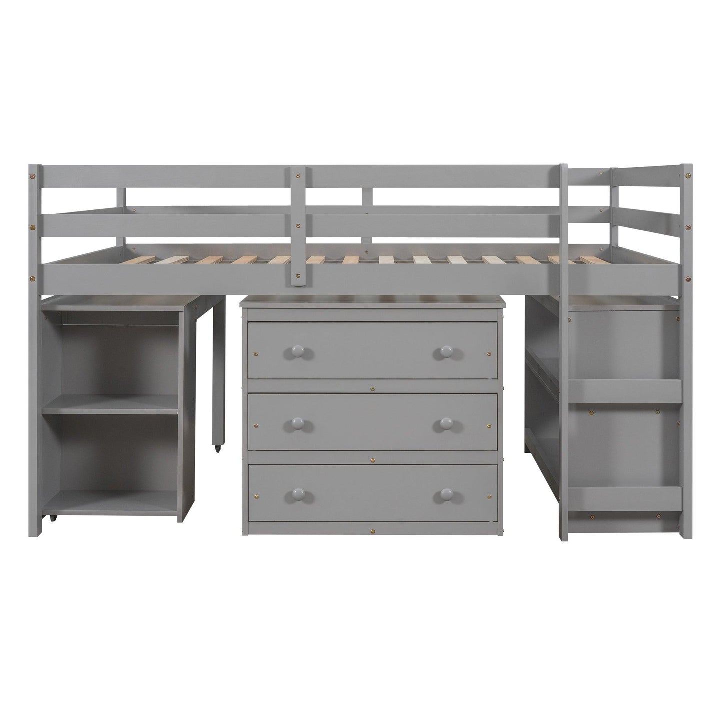 Low Study Full Loft Bed with Cabinet Shelves and Rolling Portable Desk Multiple Functions Bed- Gray - FurniFindUSA