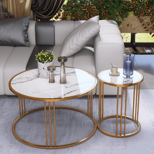 Coffee Table Set of 2, Round Slate Coffee Table with Steel Frame For Living Room - FurniFindUSA