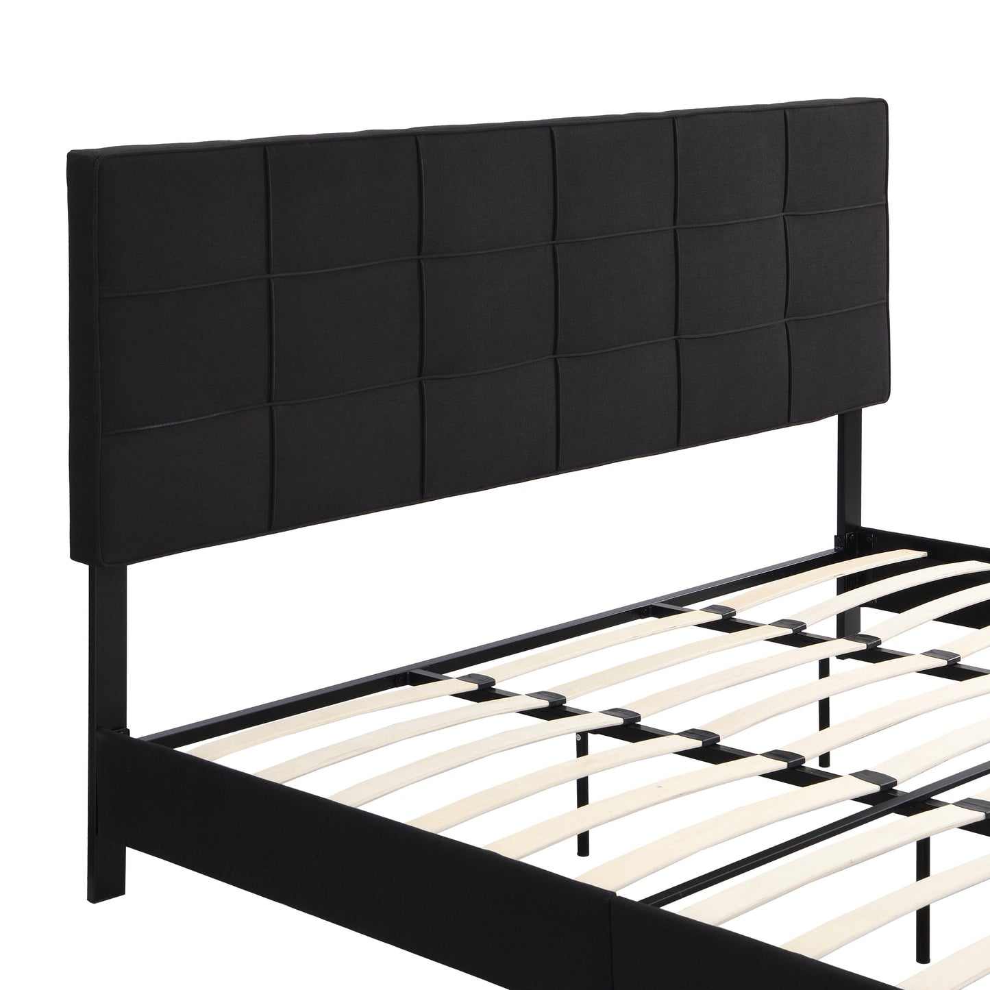 King Size Upholstered Platform Bed Frame with Linen Fabric Headboard BLACK - FurniFindUSA