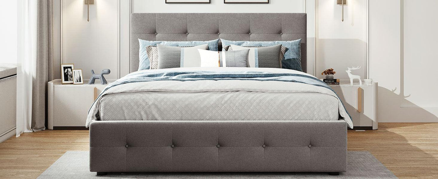 Upholstered Platform Bed with 2 Drawers and 1 Twin XL Trundle Linen Fabric Queen Size - Light Gray - FurniFindUSA