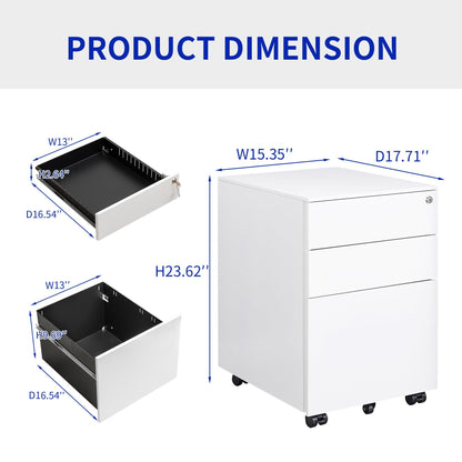 3 Drawer Mobile File Cabinet with Lock Steel File Cabinet for Legal/Letter/A4/F4 Size Fully Assembled Include Wheels - FurniFindUSA