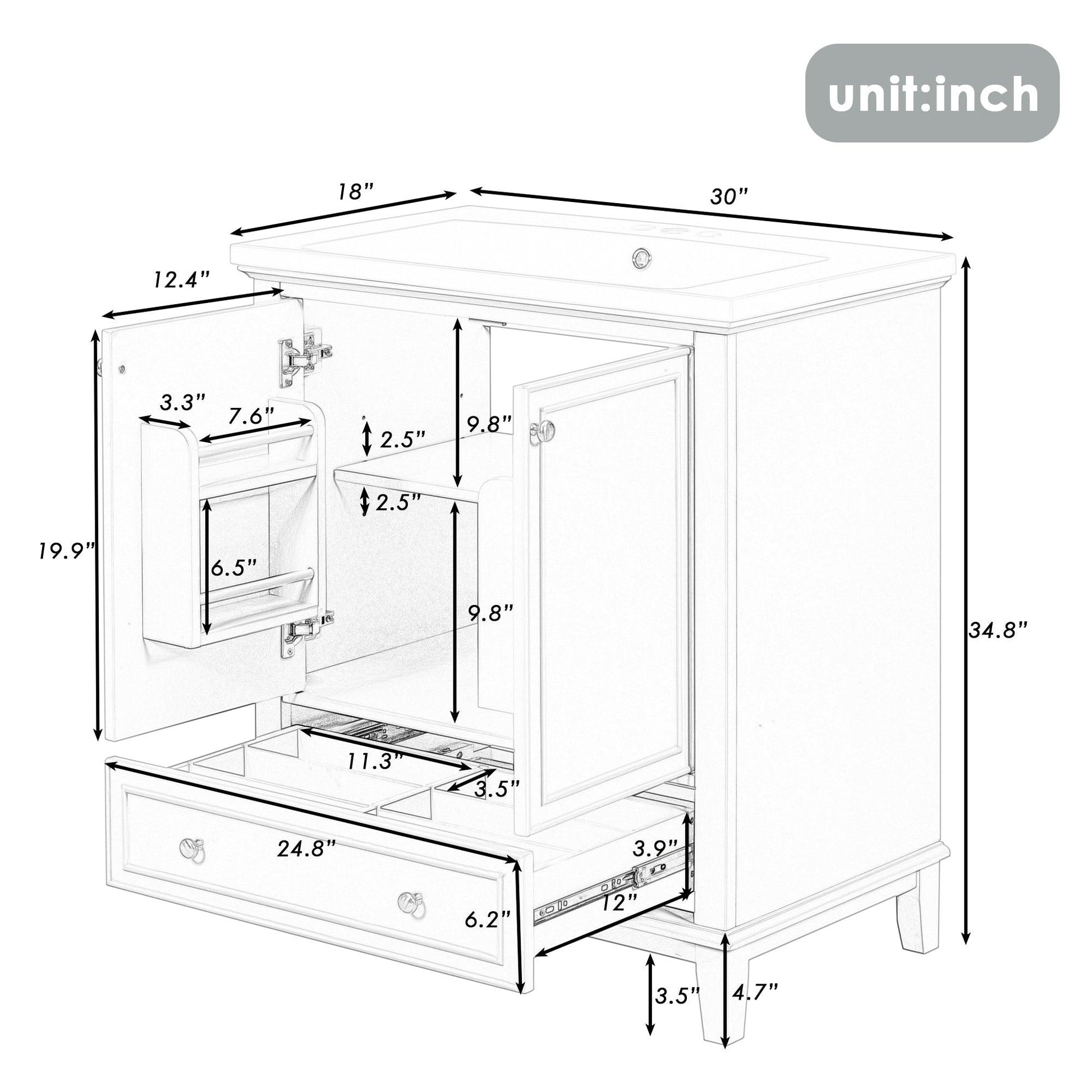 30inchgrey Bathroom Vanity with Sink ComboMulti-functional Bathroom Cabinet with Doors and Drawer Solid Frame and MDF Board - FurniFindUSA