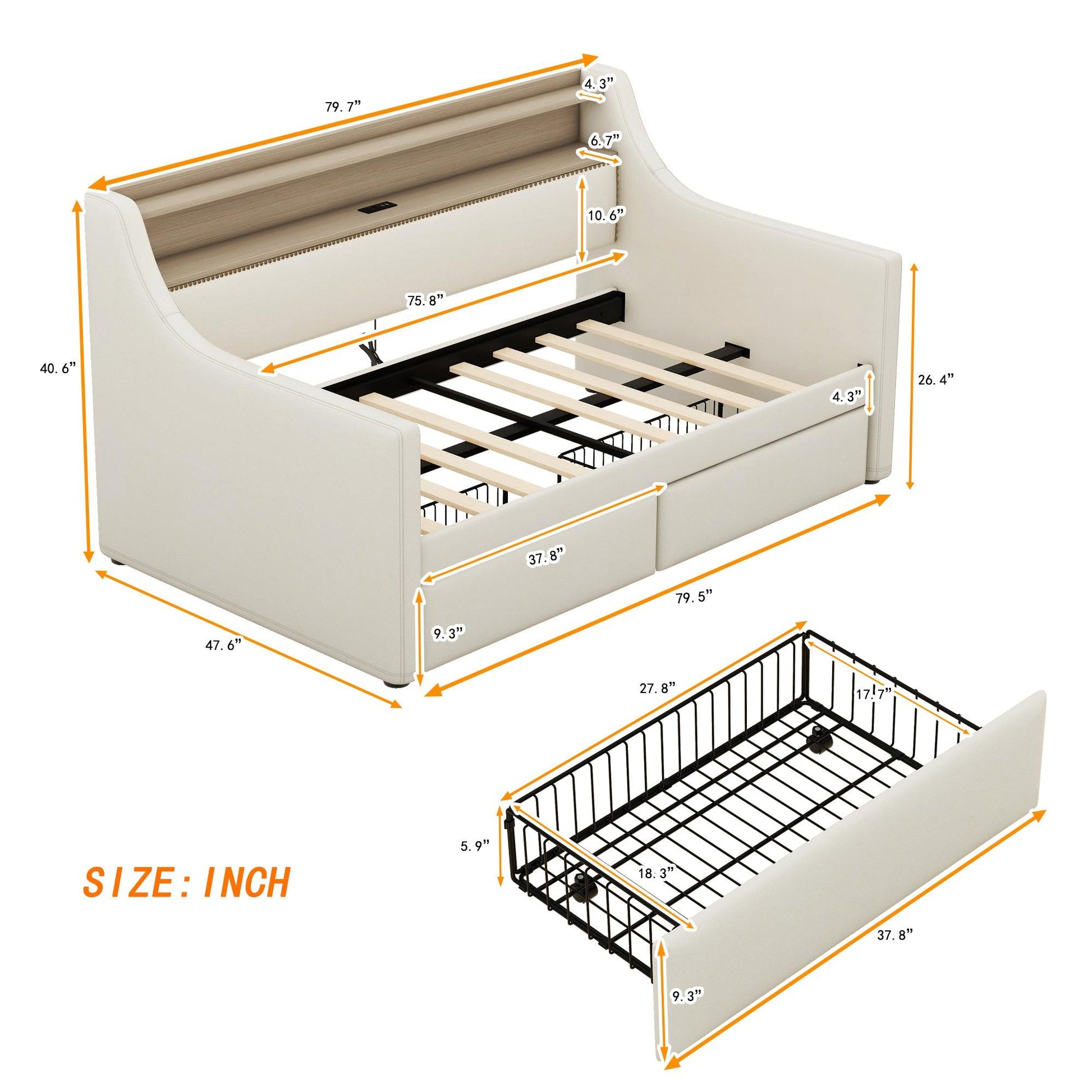 Twin Size Daybed with Storage Drawers Upholstered Daybed with Charging Station and LED Lights Beige - FurniFindUSA