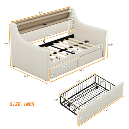 Twin Size Daybed with Storage Drawers Upholstered Daybed with Charging Station and LED Lights Beige - FurniFindUSA