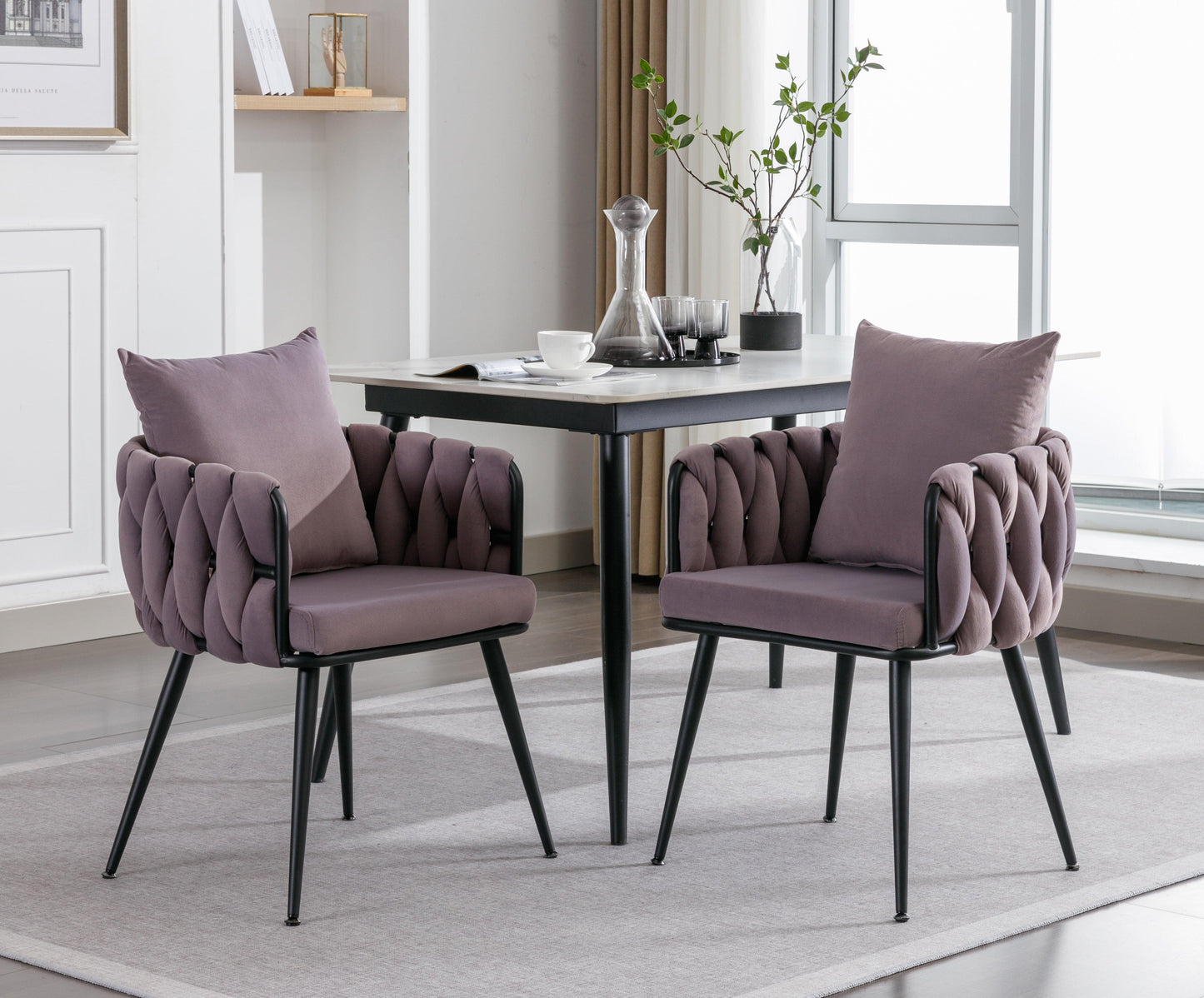 Pure Purple Modern Velvet Dining Chairs Set of 2 Hand Weaving Accent Chairs Living Room Chairs Upholstered Side Chair - FurniFindUSA