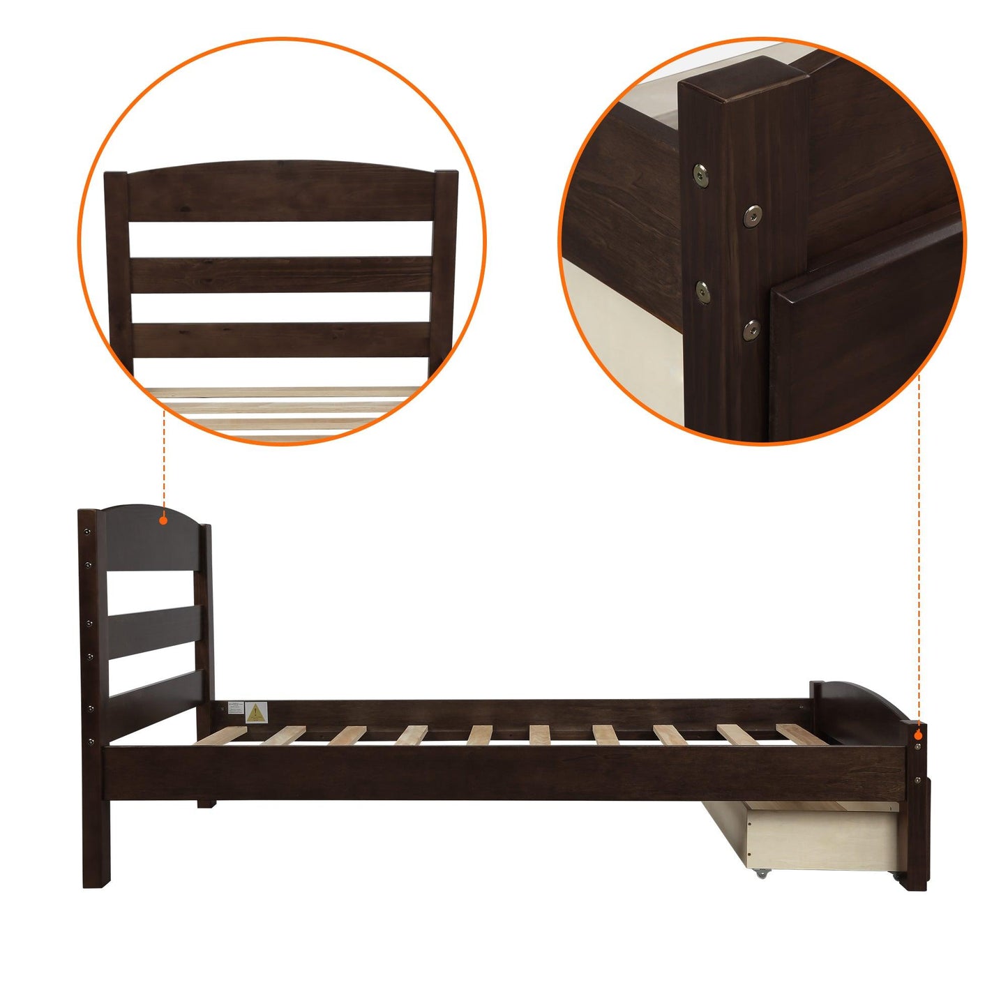 Platform Twin Bed Frame with Storage Drawer and Wood Slat Support No Box Spring Needed Espresso - FurniFindUSA