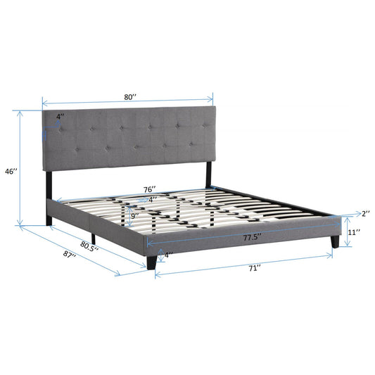 King Size Upholstered Platform Bed Frame with Button Tufted Linen Fabric Headboard Gray - FurniFindUSA