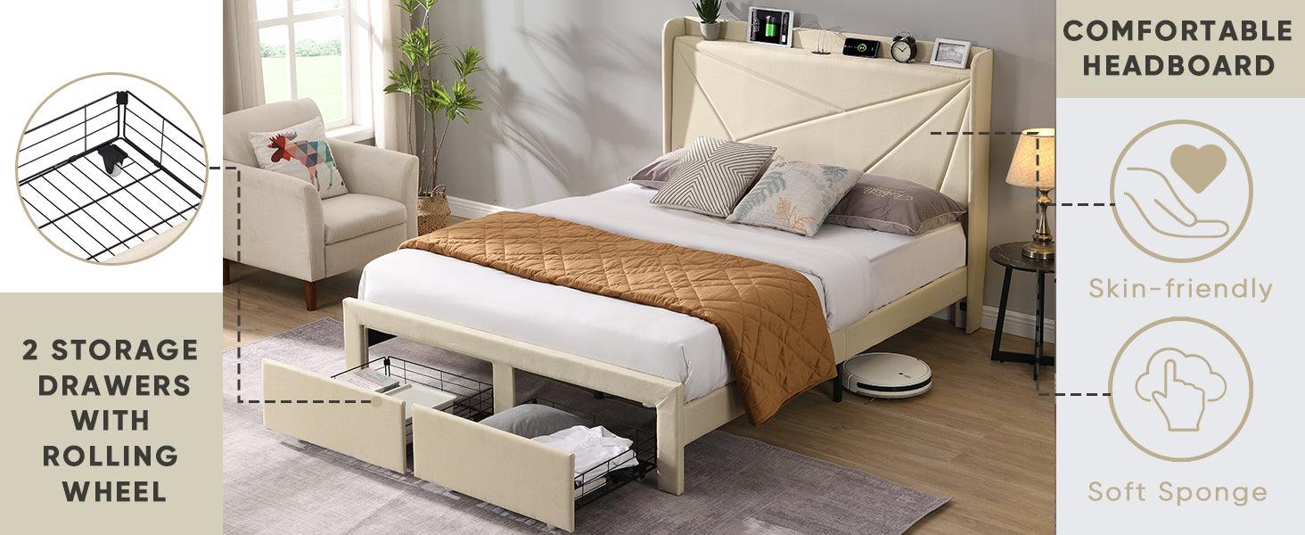 Queen Size Bed Frame with 2 Storage Drawers Upholstered Bed Frame - FurniFindUSA