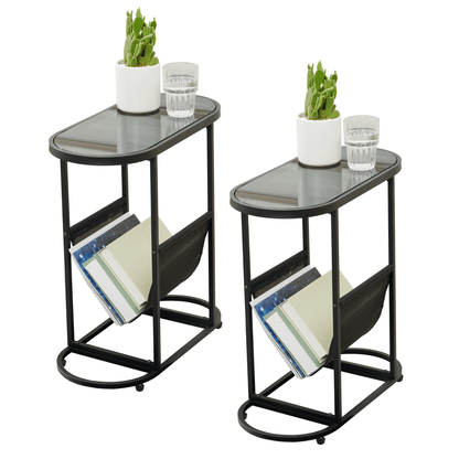 Glass Oval Small Side Tables Living Room Small Space With Magazines Organizer Storage Space (Set of 2) - FurniFindUSA