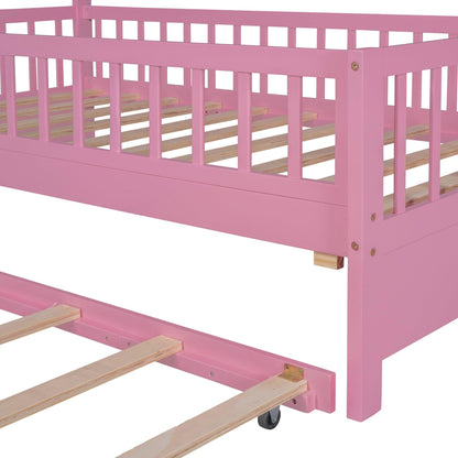 Wooden Twin Size House Bed with Trundle Kids Bed with Shelf Pink - FurniFindUSA