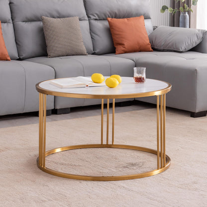 Slate round coffee table with golden stainless steel frame - FurniFindUSA