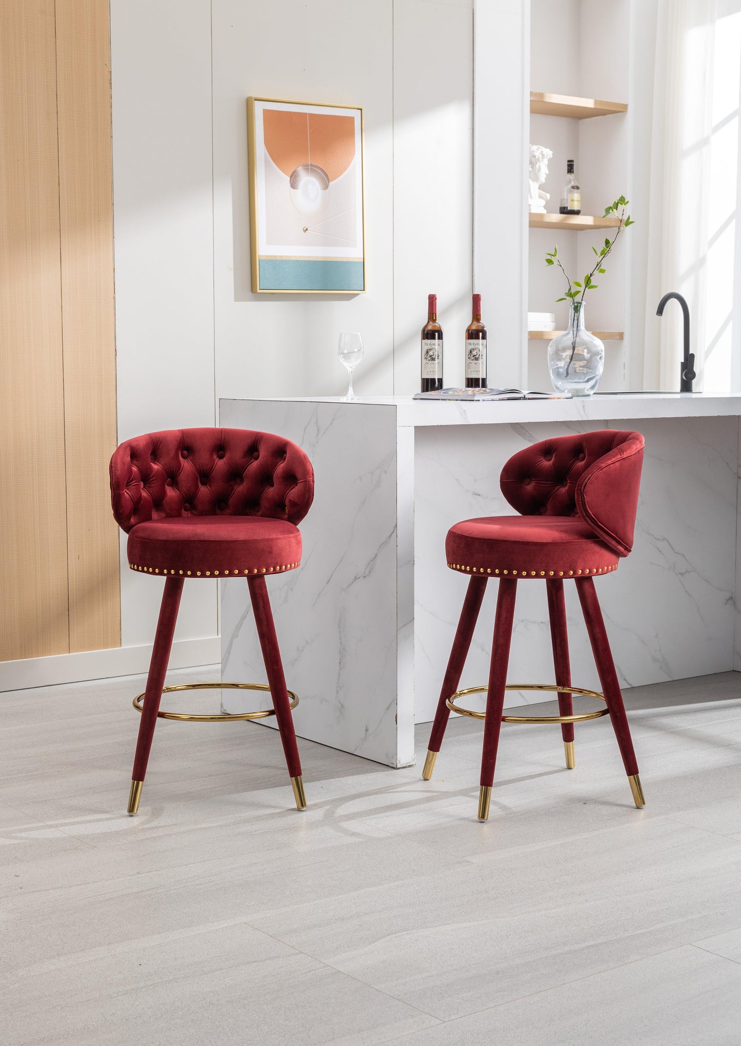 COOLMORE Counter Height Bar Stools Set of 2 for Kitchen Counter Solid Wood Legs with a fixed height of 360 degrees Claret Red - FurniFindUSA