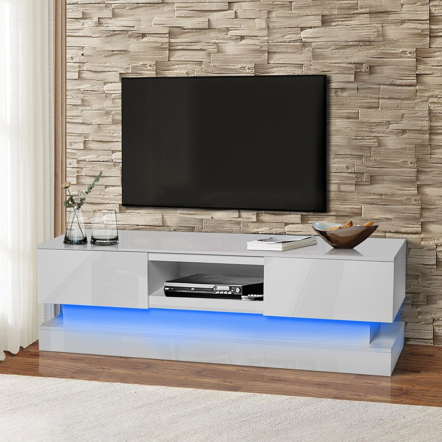 51.18inch WHITE morden TV Stand with LED Lights high glossy front TV Cabinet color:WHITE - FurniFindUSA