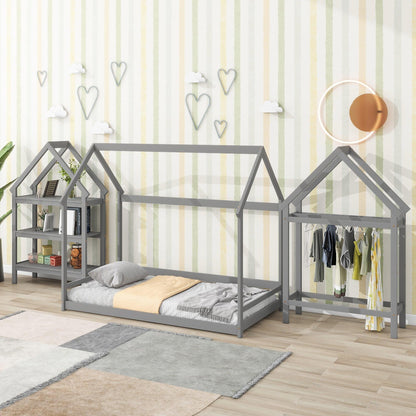 Twin House-Shaped Floor Bed with 2 Detachable Stands Grey - FurniFindUSA