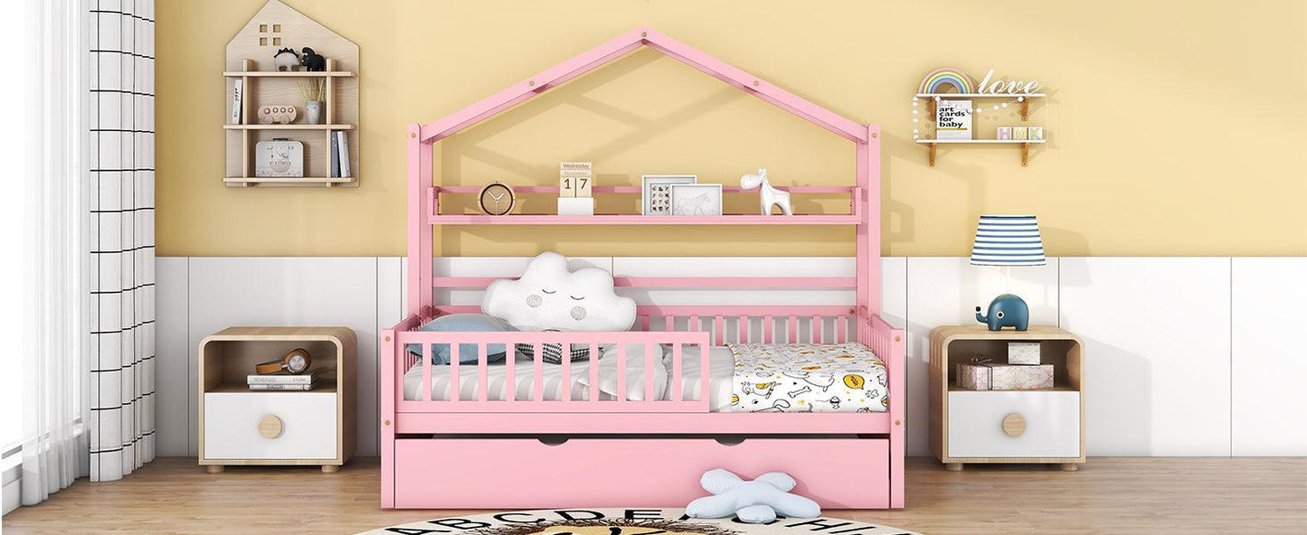 Wooden Full Size House Bed with Twin Size Trundle Kids Bed with Shelf Pink - FurniFindUSA