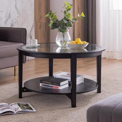 Modern Solid wood round coffee table with tempered glass top black color-36" - FurniFindUSA