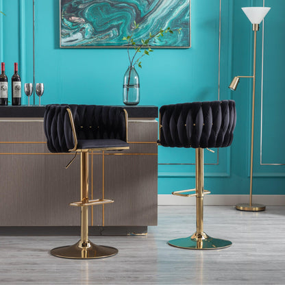 Set of 2 Bar Stools with Chrome Footrest and Base Swivel Height Velvet + Golden Leg Simple Bar Stool-Black - FurniFindUSA