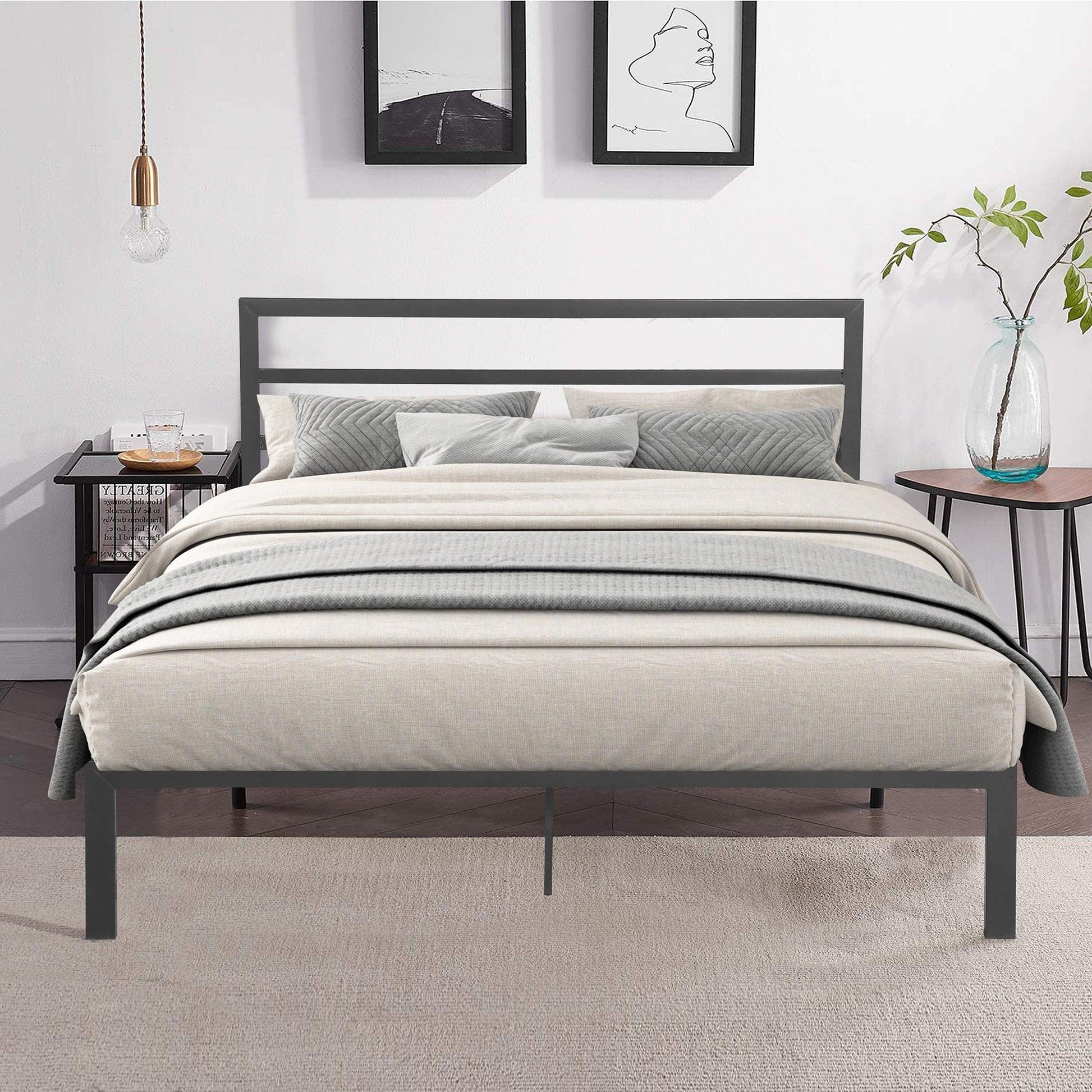 Queen Size Metal Bed Frame with Headboard Charcoal Grey - FurniFindUSA