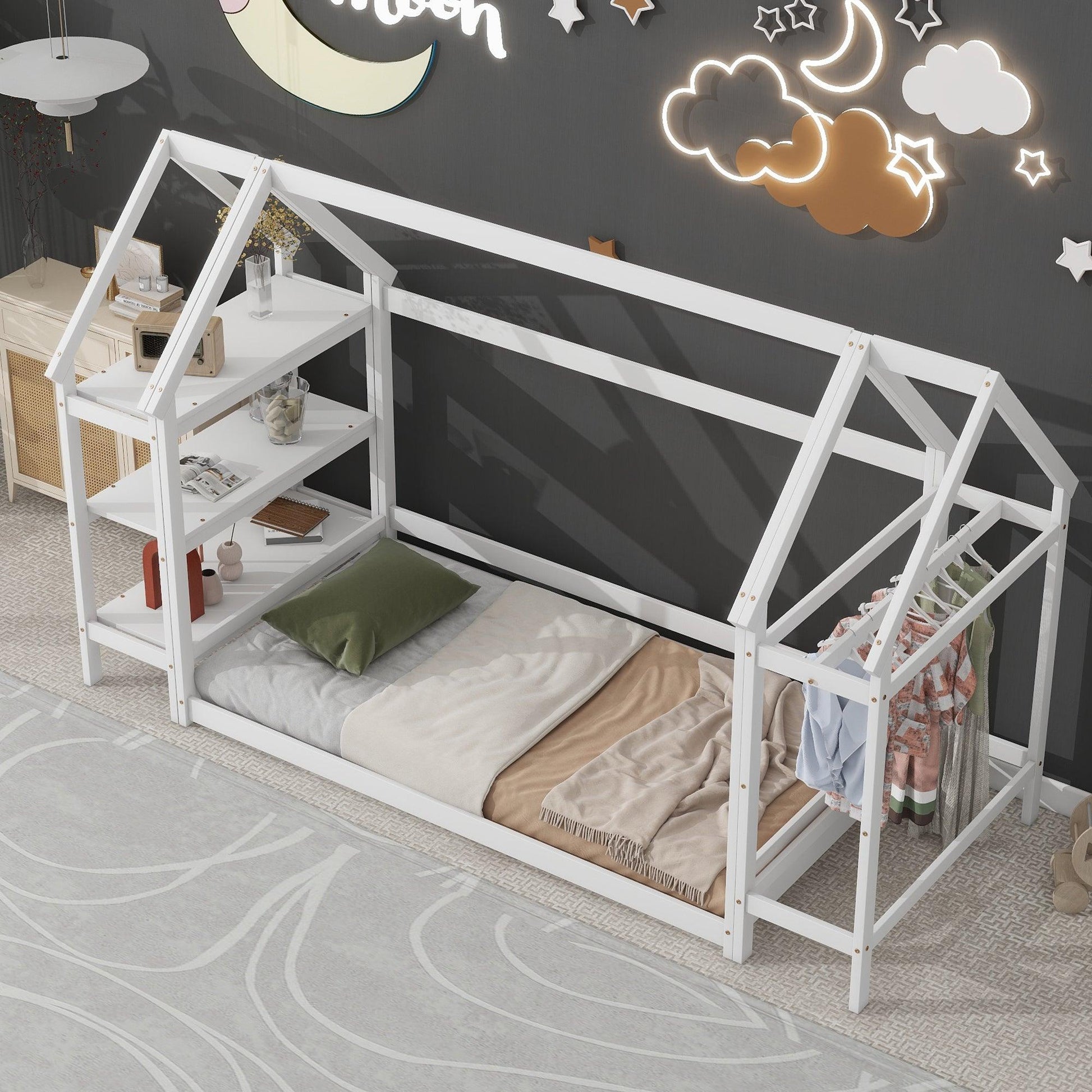 Twin House-Shaped Floor Bed with 2 Detachable Stands White - FurniFindUSA