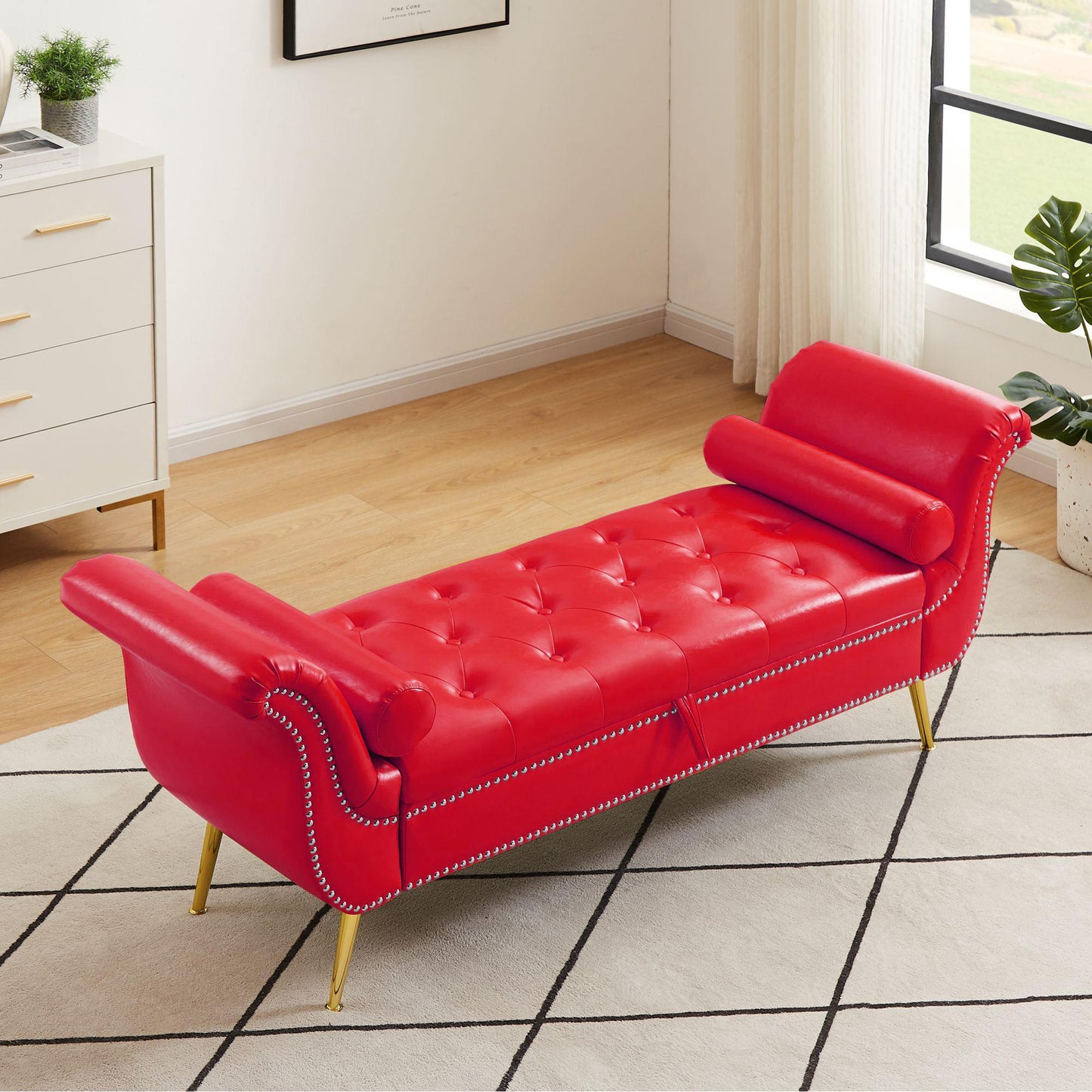 Sitting Bench PU Leather with Storage Space and 2 Pillows Hardware Feet - FurniFindUSA