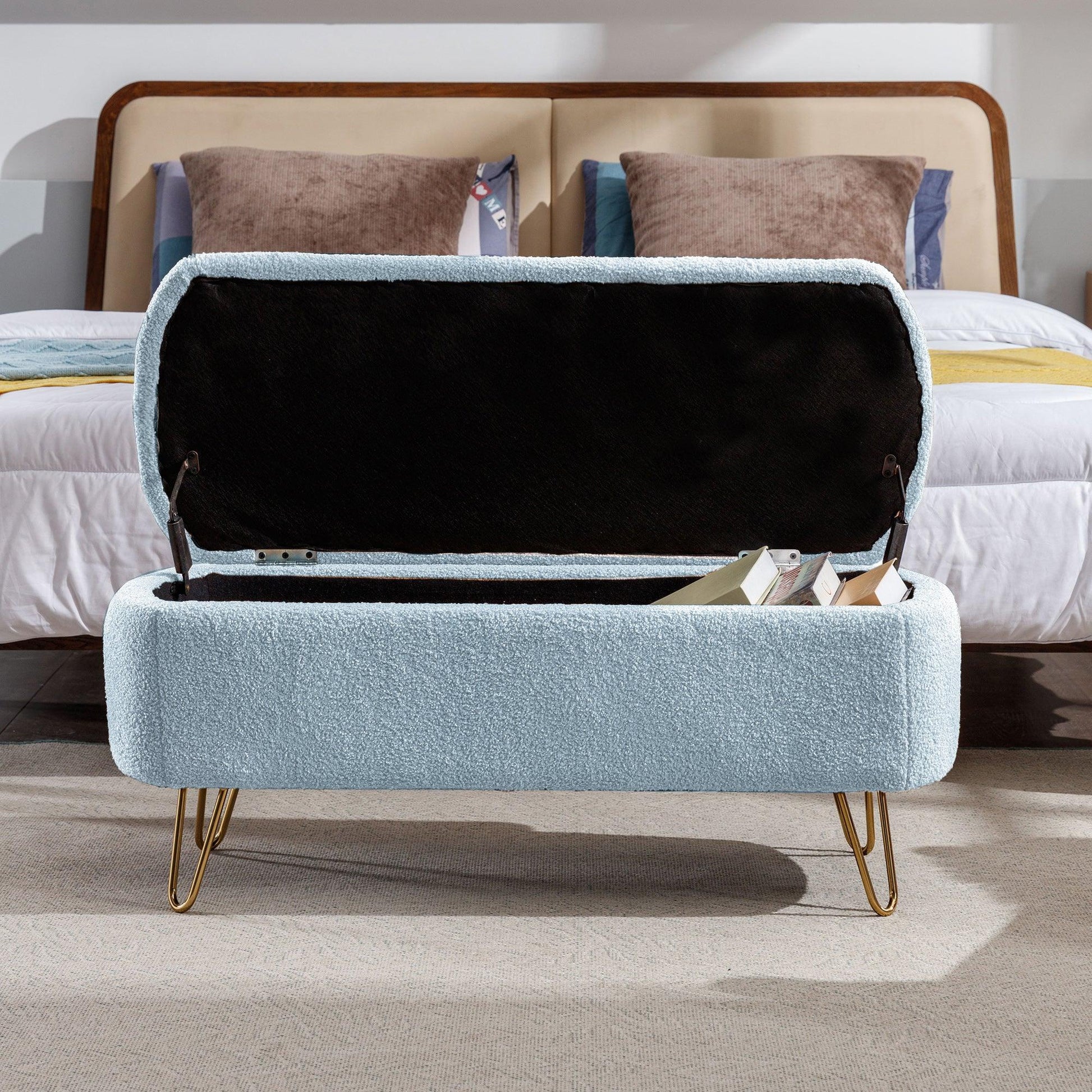 Blue Storage Ottoman Bench for End of Bed Gold Legs - FurniFindUSA