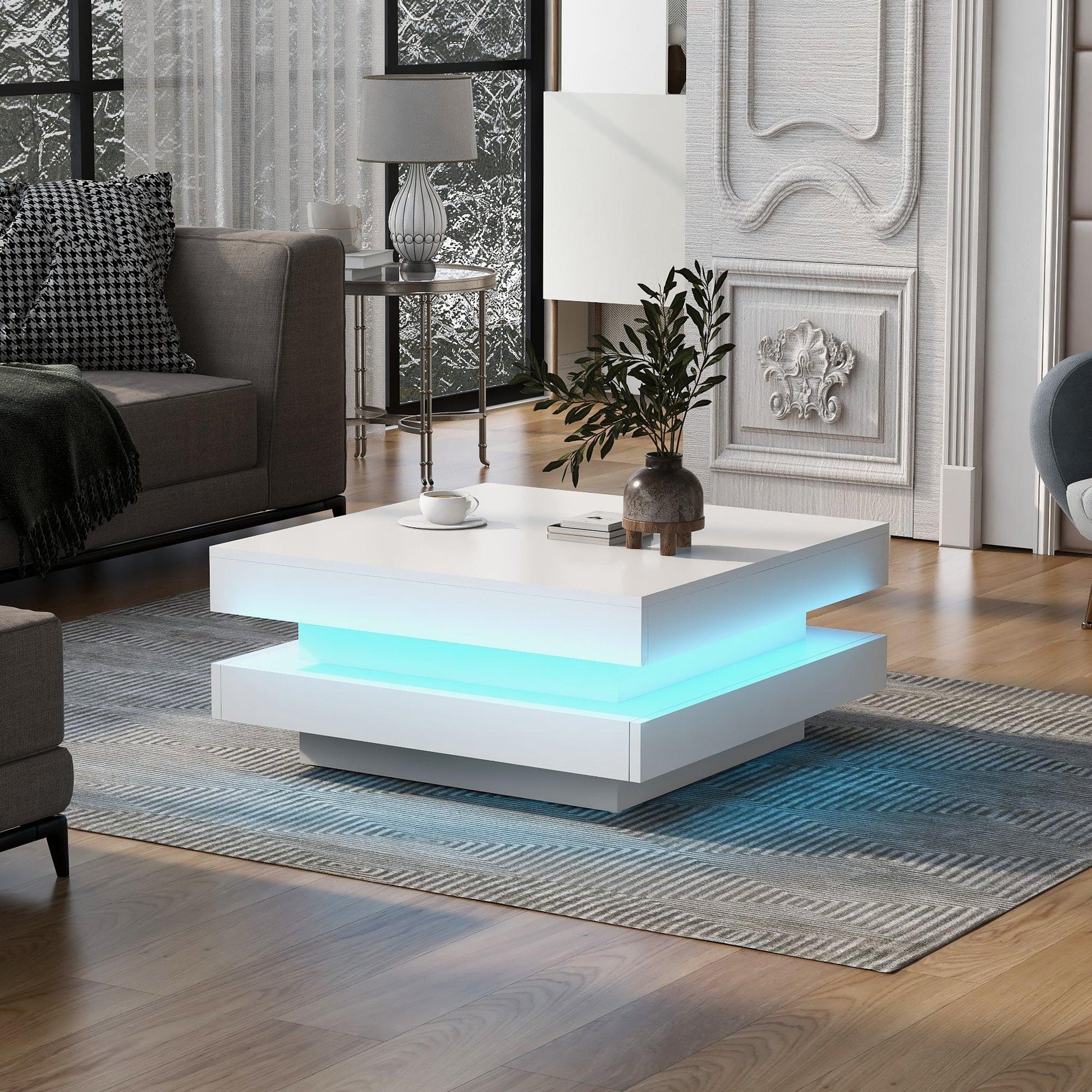 ON-TREND High Gloss Minimalist Design with LED Lights 2-Tier Square Coffee Table White - FurniFindUSA