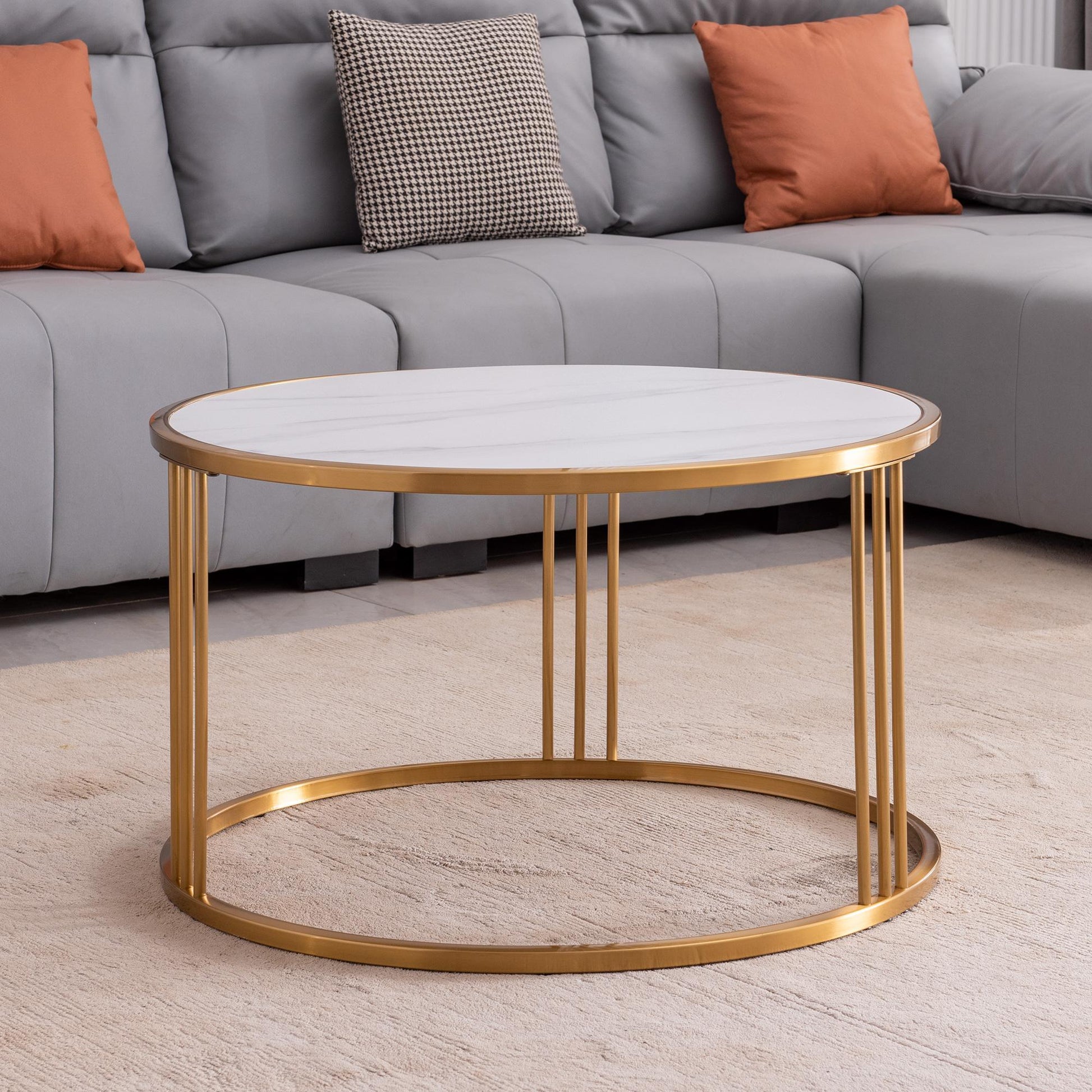 Slate round coffee table with golden stainless steel frame - FurniFindUSA